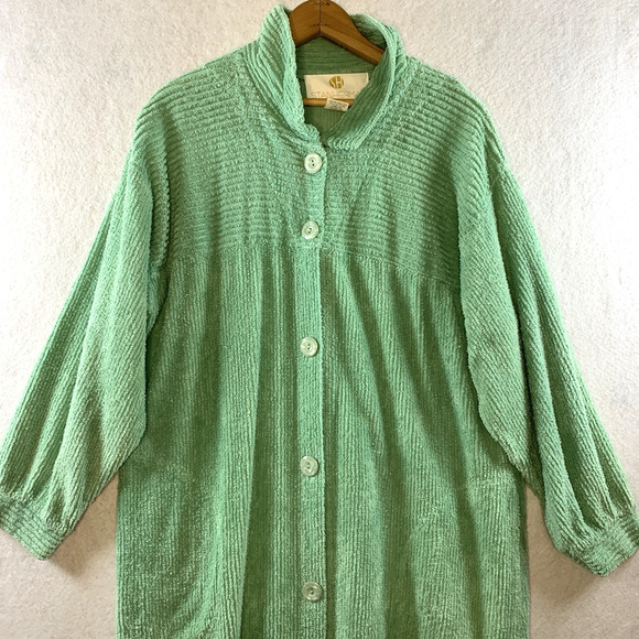 VTG Stan Herman Womens Terry Cloth Robe Sz M Petite Green Button Up House Coat - Picture 2 of 15